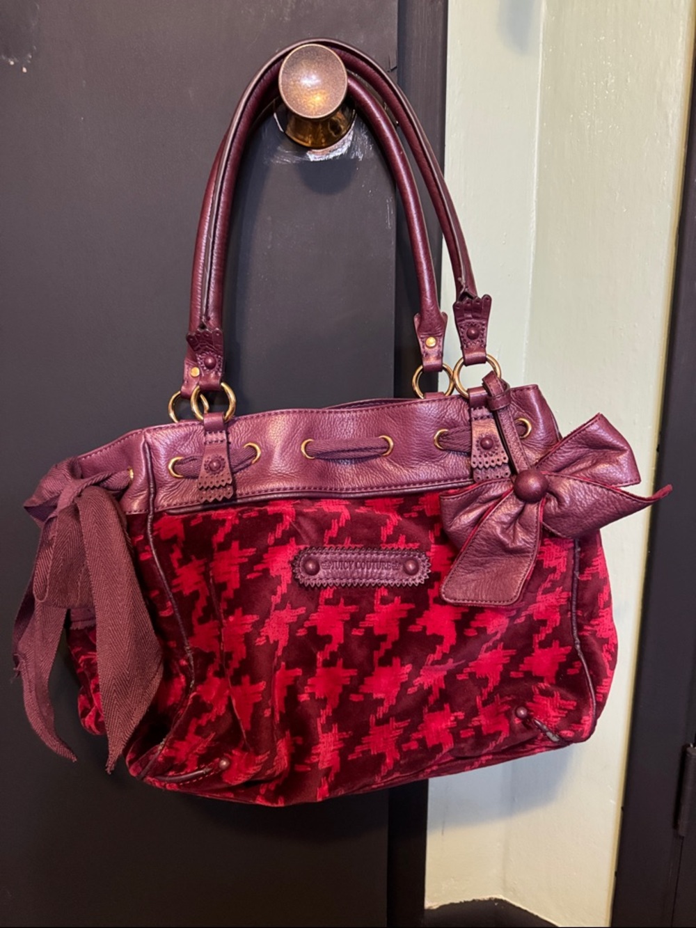 Juicy Couture Daydreamer Burgundy & Red Houndstooth Shoulder Bag with Bow